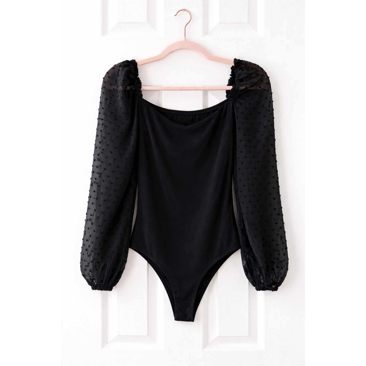 Lilou Black Swiss Dot Puff Sleeve Sheer Chiffon Bodysuit Size M